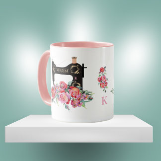 Mug Machine à coudre Vintage rose Floral Monogramme