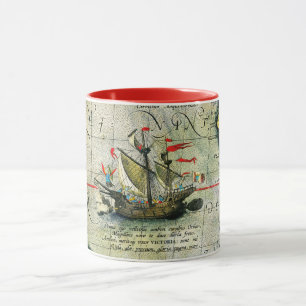 Mug Magellans navire Victoria, Antique Carte Océan Pac