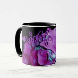 Mug Magenta et turquoises hydrangées motif #momlife