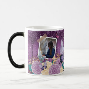 Mug Magic Fille Violet Floral Faux Sparkly Deux Nom Photo