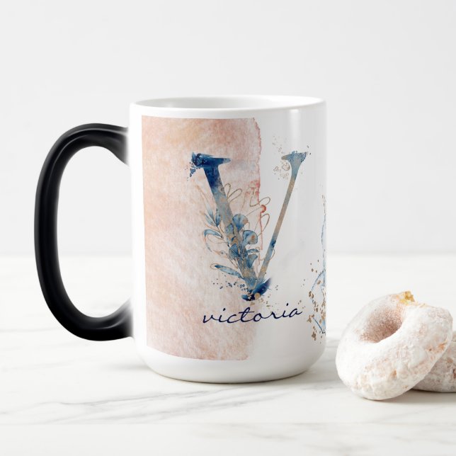 Mug Magic Initiale V Moderne Elegant Ocean Gold Aquarelle (Avec donut)