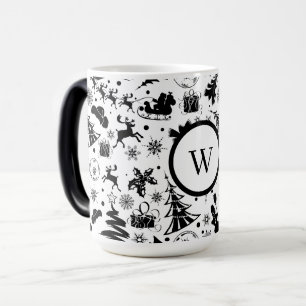 Mug Magic Joyeux Noël élégant en noir et blanc Monogramme