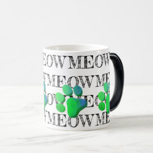 Mug Magic MEOW Typographie Vert Bleu Chat Empreinte de patte