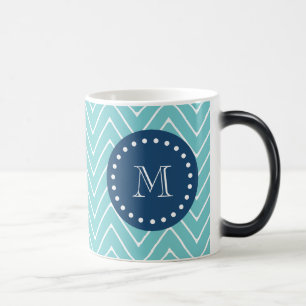 Mug Magic Navy Blue, Turquoise Motif Chevron Votre monogra