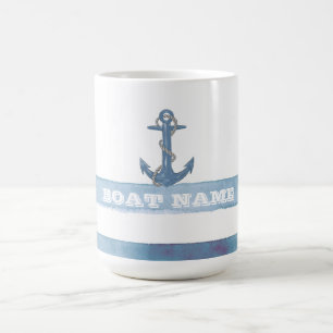 Mug Magic Nom de bateau nautique,Ancre,Corde,Rayes bleu clai