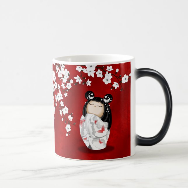 Mug Magic Poupée Kokeshi Rouge Noir Blanc Cerisier Fleurs (Droite)