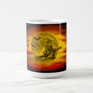 Mug Magic Sorcière volante avec chat noir, nuit halloween