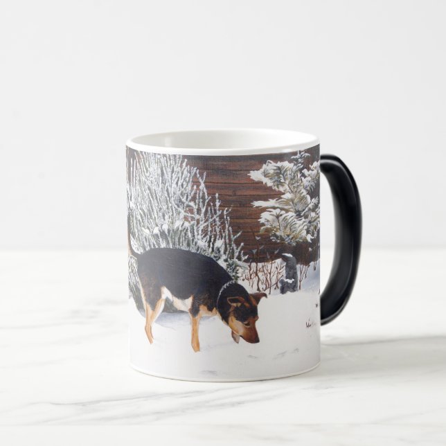 Mug Magic Winter snow scene with cute black and tan dog (Devant droit)