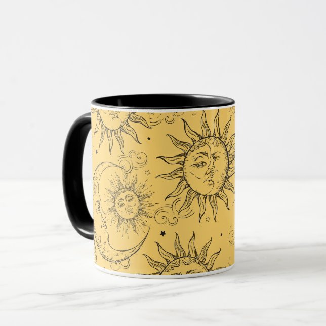 Mug Magie Jaune Vintage Céleste Soleil Lune Étoiles (Devant gauche)