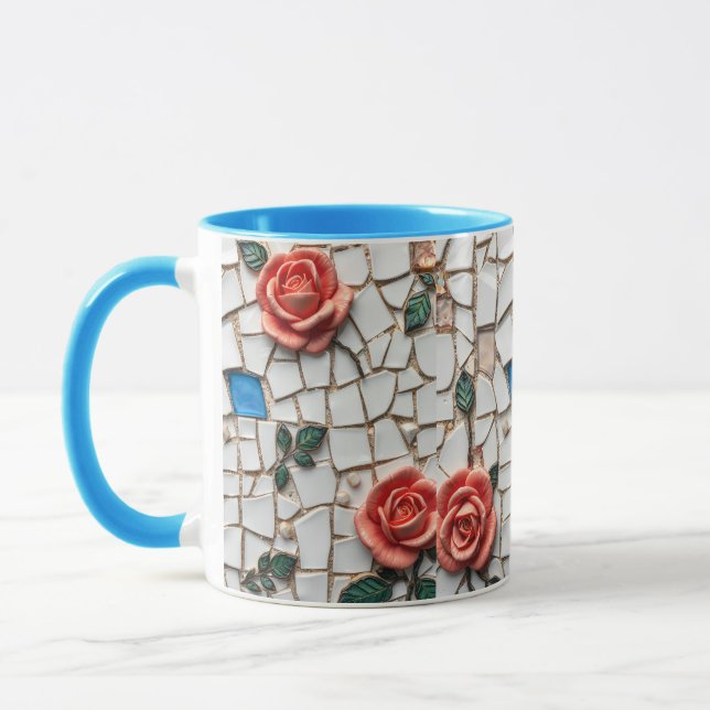 Mug Magnifique broche en mosaïque et Motif Rose bleu (Gauche)