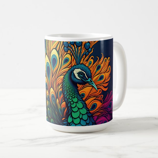 Mug Magnifique Peacock Coloré, Style Art Déco (Devant droit)