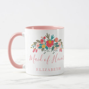 Mug Maid of Honor avec le nom Pink Floral Bouquet