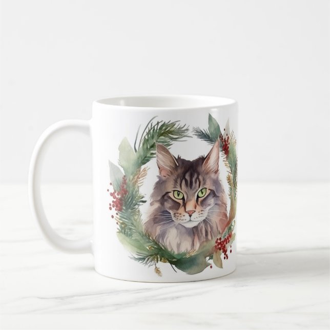 Mug Maine Coon Chat Noël Wreath Festive Kitten (Gauche)