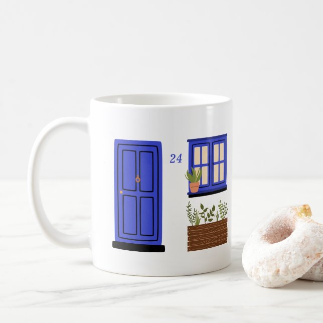 Mug Maison avec porte bleue avec devis personnalisé (Avec donut)