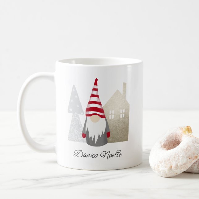 Mug Maison de village et Gnome rouge mignonne | Nom No (Avec donut)