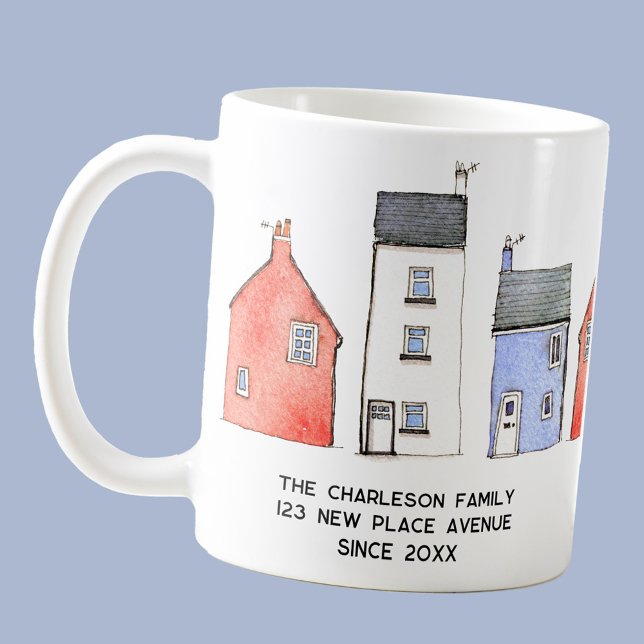 Mug Maison Watercolor Nouvelle maison Personnalisée (Watercolor house and cottage art personalized name and address mug for new home or housewarming gift)