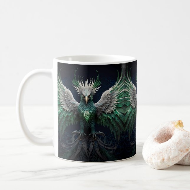 Mug Majestic Green & White Phoenix Bird (Avec donut)