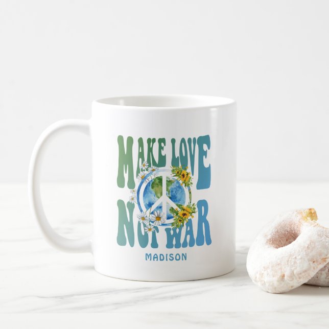 Mug Make Love Not War Floral World Peace Signer Ajoute (Avec donut)