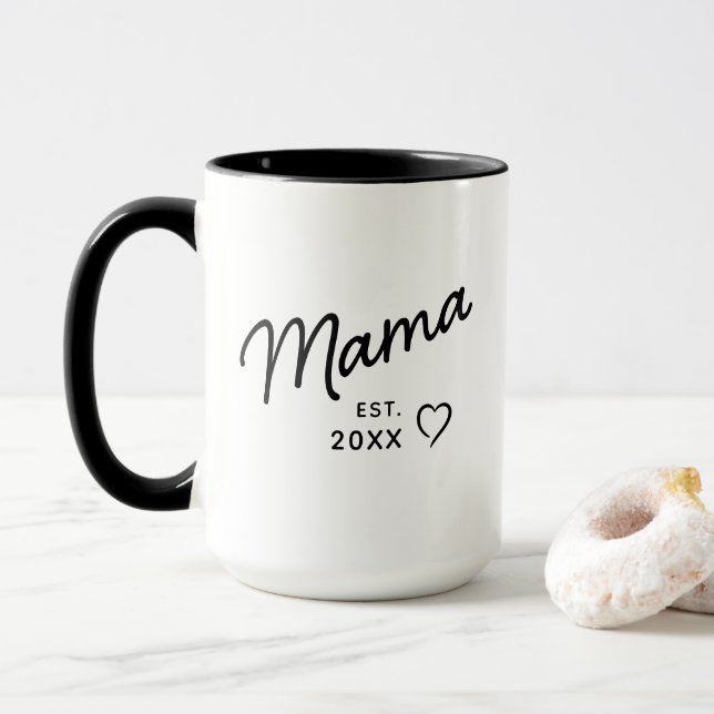 Mug Mama Black and White Minimalist Est Year  (Avec donut)