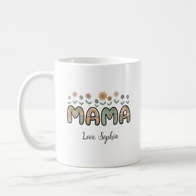 Mug Maman, Fleurs Fête des mères Nom personnalisé (Gauche)