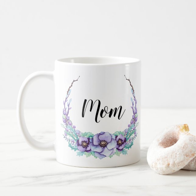 Mug Maman Violet Pourpre Fleurs Aquarelle Délicate (Avec donut)