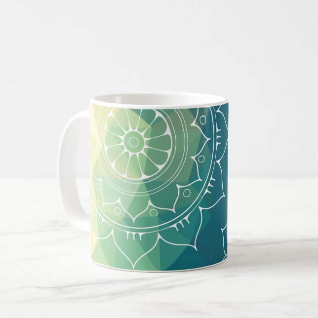 Mug Mandala bleu vert jaune boho (Devant gauche)