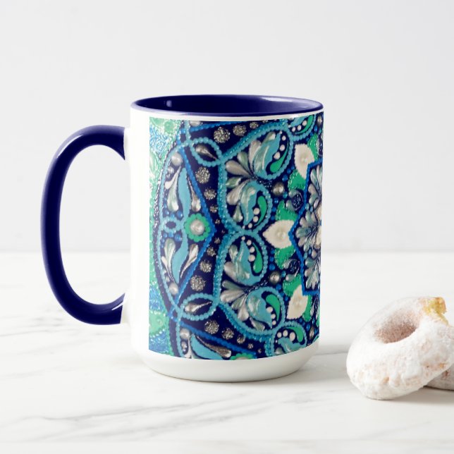 Mug Mandala d'art des points bleus (Avec donut)