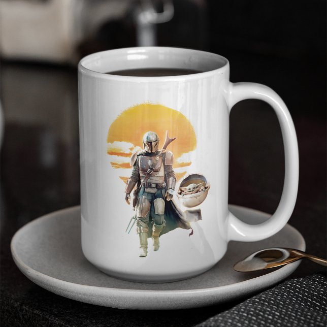 Mug Mando et l'enfant | Sunset Walk (Mug filled with coffee, sitting on a saucer)