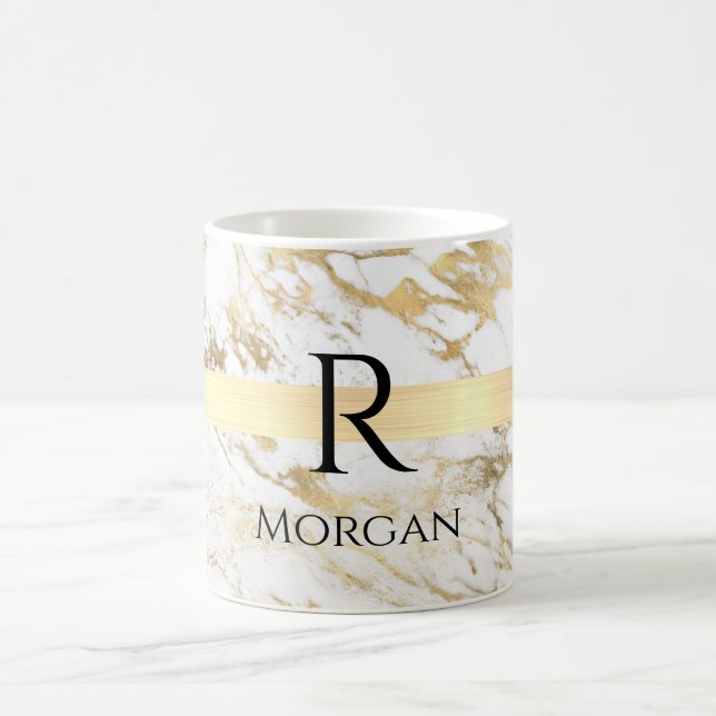 Mug Marbre blanc et or, Barre d'or, Monogramme de nom  (Centre)