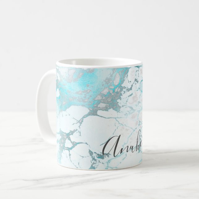 Mug MARBRE BLANC PixDezines+VINS TURQUOISE IRIDESCENTE (Devant gauche)