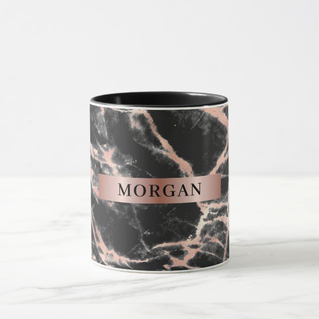 Mug Marbre d'or noir et Rose, Nom sur Rose Gold Band M (Centre)
