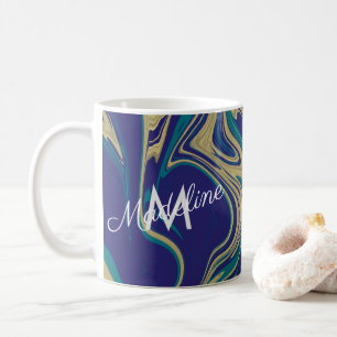 Mug Marbre Liquide Faux Or Bleu Vert Monogrammé