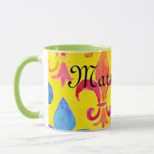 Mug Mardi Gras Arc en ciel Fleur de lis Monogramme