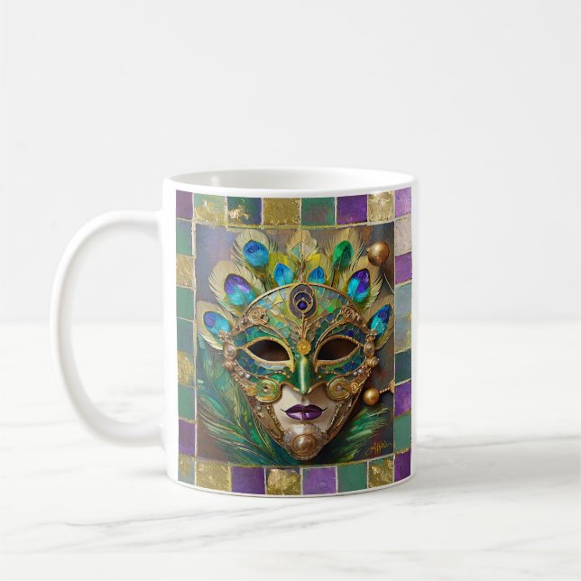 Mug Mardi Gras Gold Ceramic Peacock Feature Masque (Gauche)