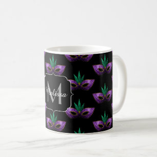 Mug Mardi Gras Masque violet vert or étincelle Monogra