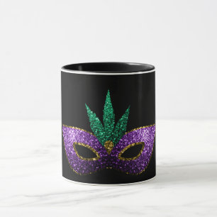 Mug Mardi Gras Masque violet vert or étincelles noir