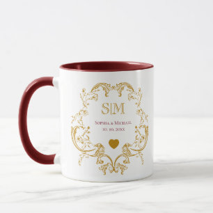 Mug Mariage à Monogramme Floral Or Élégant
