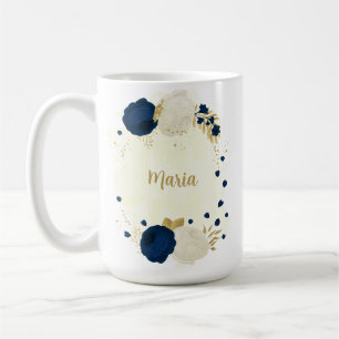 Mug mariage botanique fleurs navy & blanc or