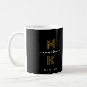 Mug Mariage Couple Black Gold Élégant Monogramme simpl