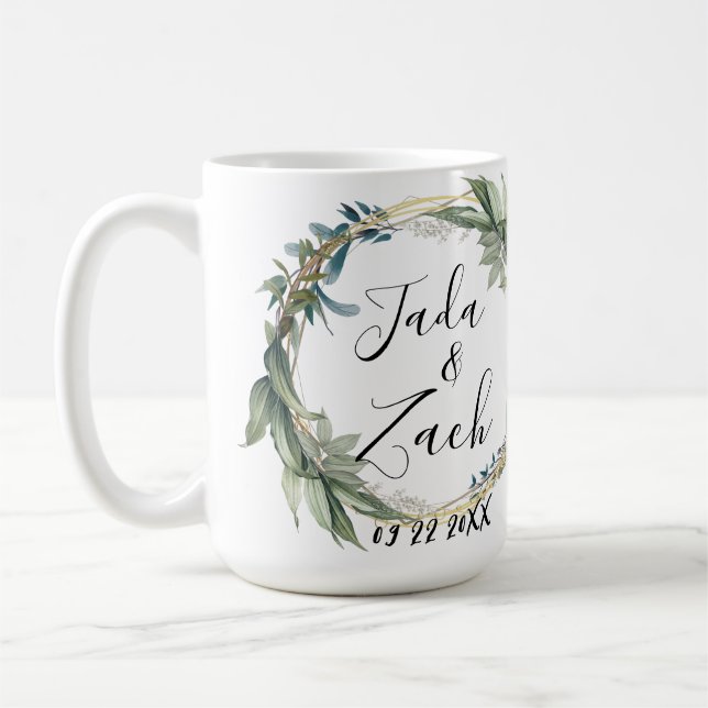 Mug Mariage de couronne botanique feuillu personnalisé (Gauche)