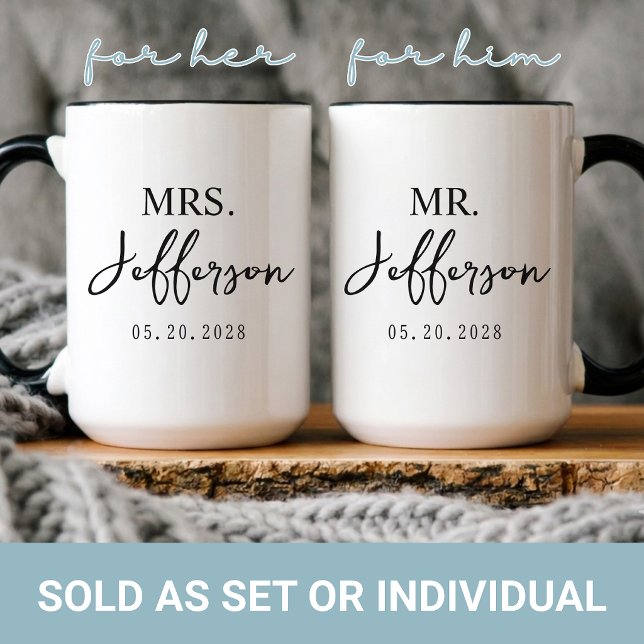 Mug Mariage | Écriture Moderne Jeunes Mariés Mr & Mrs  (Custom Elegant Script Mr & Mrs | Wifey & Hubby | Bride & Groom | Newlyweds | Engagement Coffee Mug)