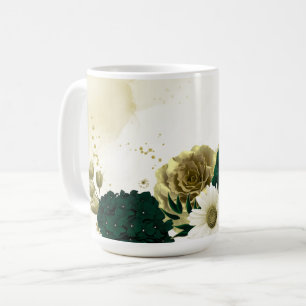 Mug Mariage fleurs vert émeraude et or ivoire