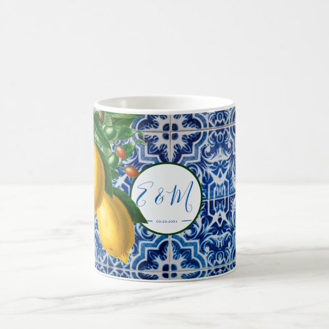 Mug Mariage Lemons Bleu Carrelage Blanc Monogramme d'é (Centre)