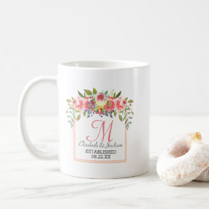 Mug Mariage Monogramme Peach Aquarelle Florale Wreath