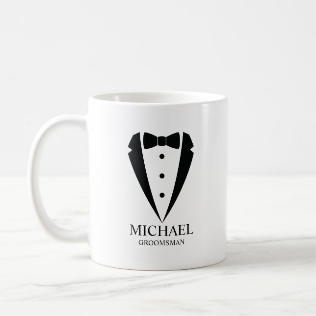 Mug Mariage noir Tuxedo Suit Groomsmen personnalisé (Gauche)