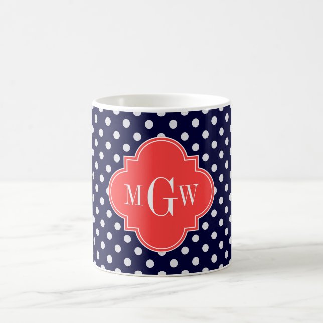 Mug Marine Blanc Pois Coral Quatrefoil 3 Monogramme (Centre)