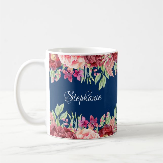 Mug Marine Bleu Bourgogne Floral Nom personnalisé (Gauche)