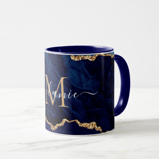 Mug Marine Blue Gold Marble Personnalisé Votre Lettre  (Devant droit)
