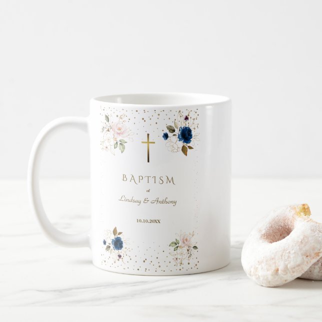 Mug Marine rose bleu Floral Gold Cross jumeaux Baptême (Avec donut)