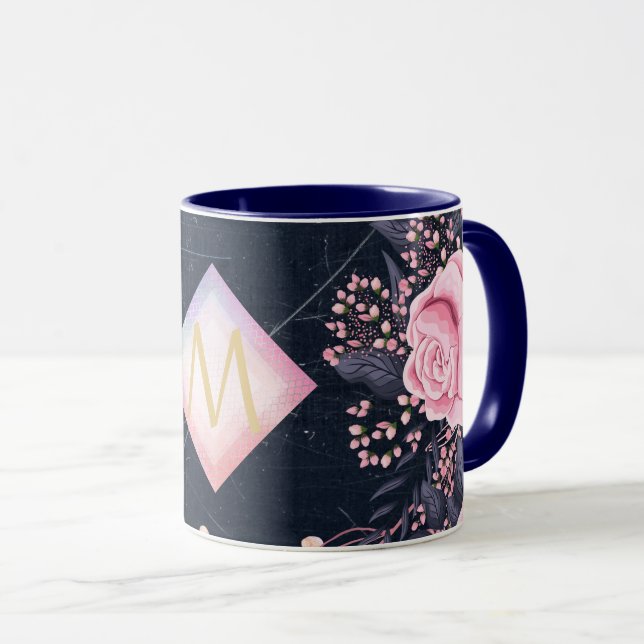 Mug Marine Rosegold Cadeaux Monogramme Girl Floral Ros (Devant droit)